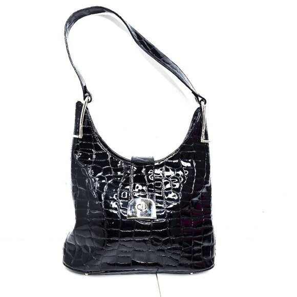 Vintage Y2K Black Crocodile Embossed Patent Faux Leather Hobo Shoulder Bag Korea - Picture 1 of 8